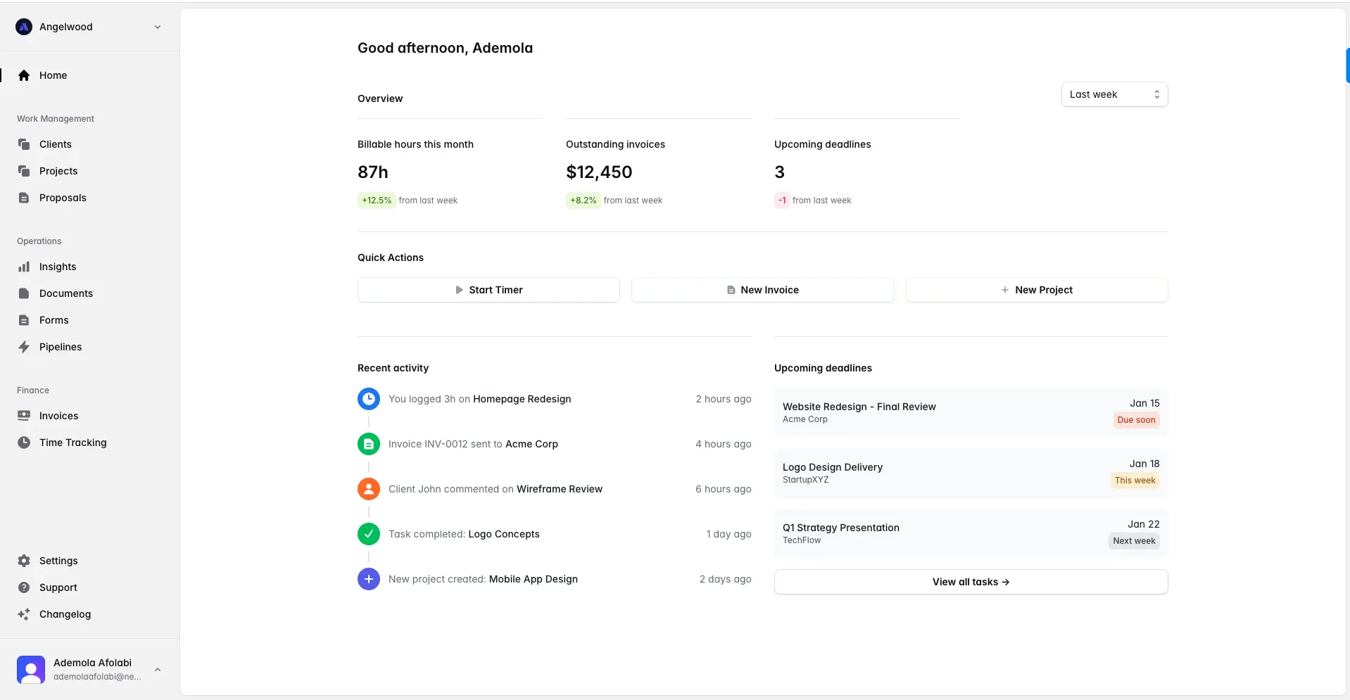 A preview of the Angelwood business operations platform