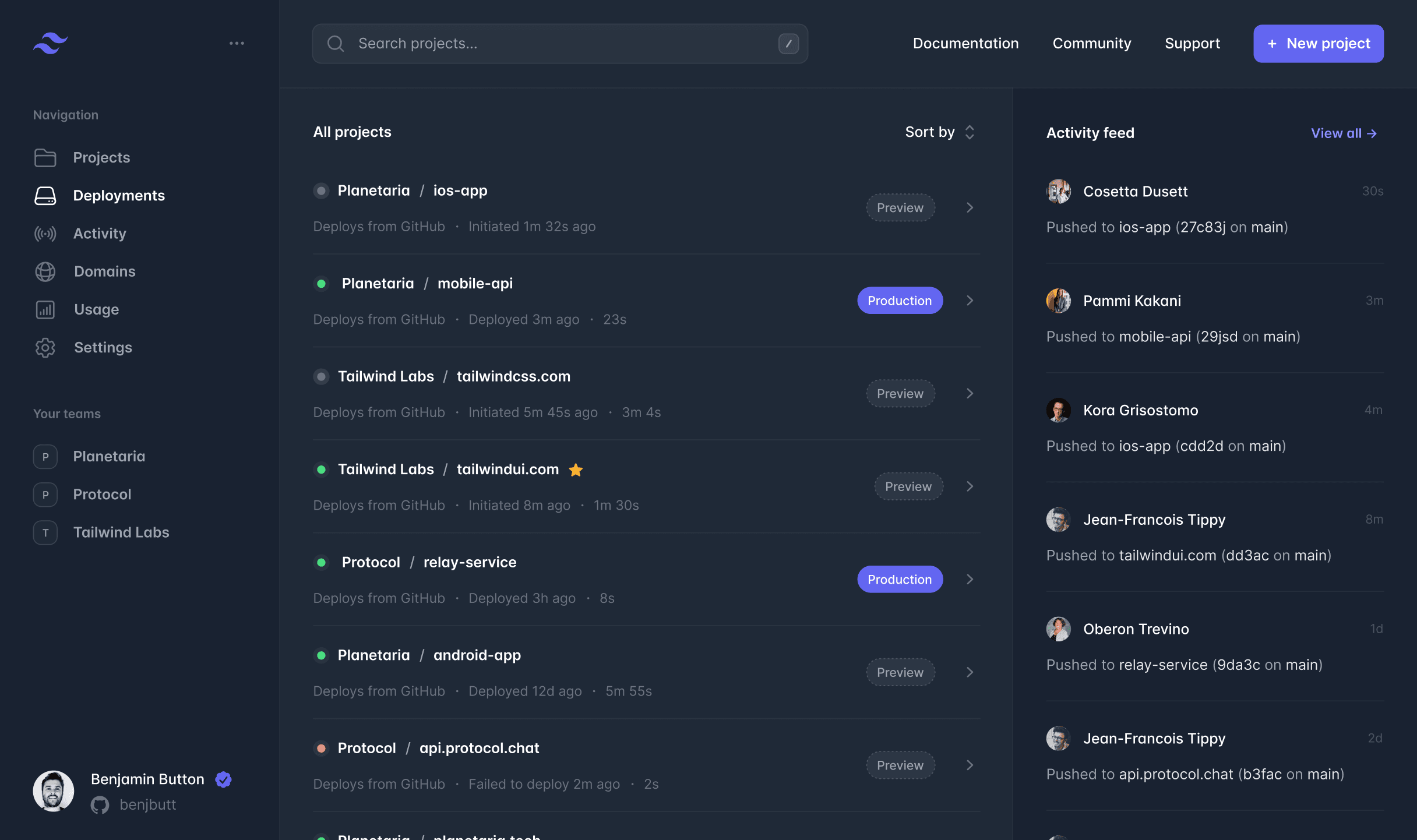 Angelwood dashboard showing project management interface
